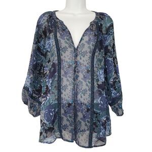 Joie Anthropologie Silk Top Womens M Floral Georgette Sheer V-Neck 3/4 Sleeve